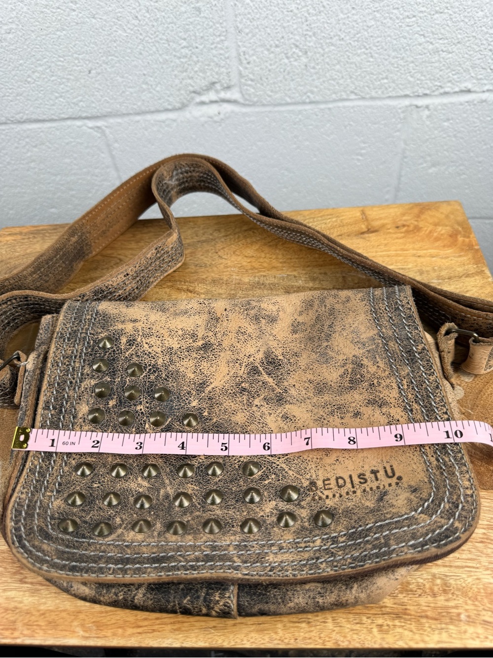 BEDISTU Distressed Leather Studded Flap Crossbody Bag Rustic Brown - Picture 11 of 12